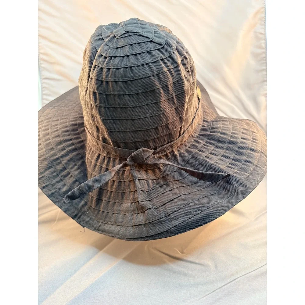 Panama Jack Womens Wide Brim Sun Hat Black Tiered Ribbon Packable One Size 3160